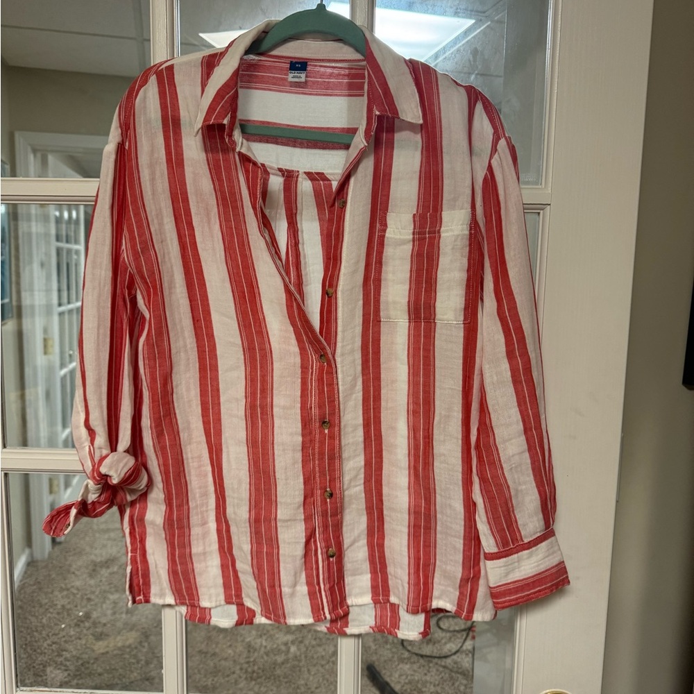 Red and White Striped Button-Up Shirt Old Navy XS